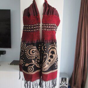 CHICO'S WOOL TYPE LARGE SHAWL WRAP SCARF  w/  Fringes 74" X 17" Burgundy, Black